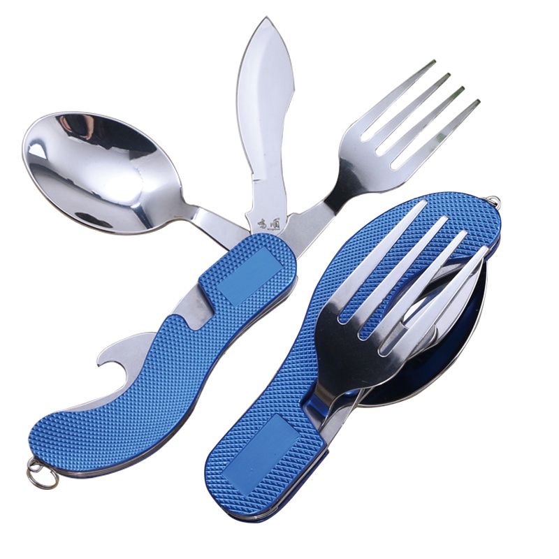 鸣順(Mingshun)便携餐具套装多功能折叠勺子刀叉创意户外旅行不锈钢餐具成人 蓝色