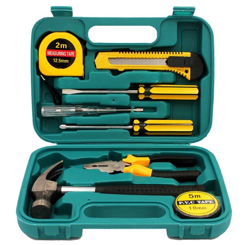 [规格:9件套]工具箱组合套装 锤子螺丝刀卷尺美工刀扳手钳子测电笔 多功能维修工具套装 装修汽修工业家用商用