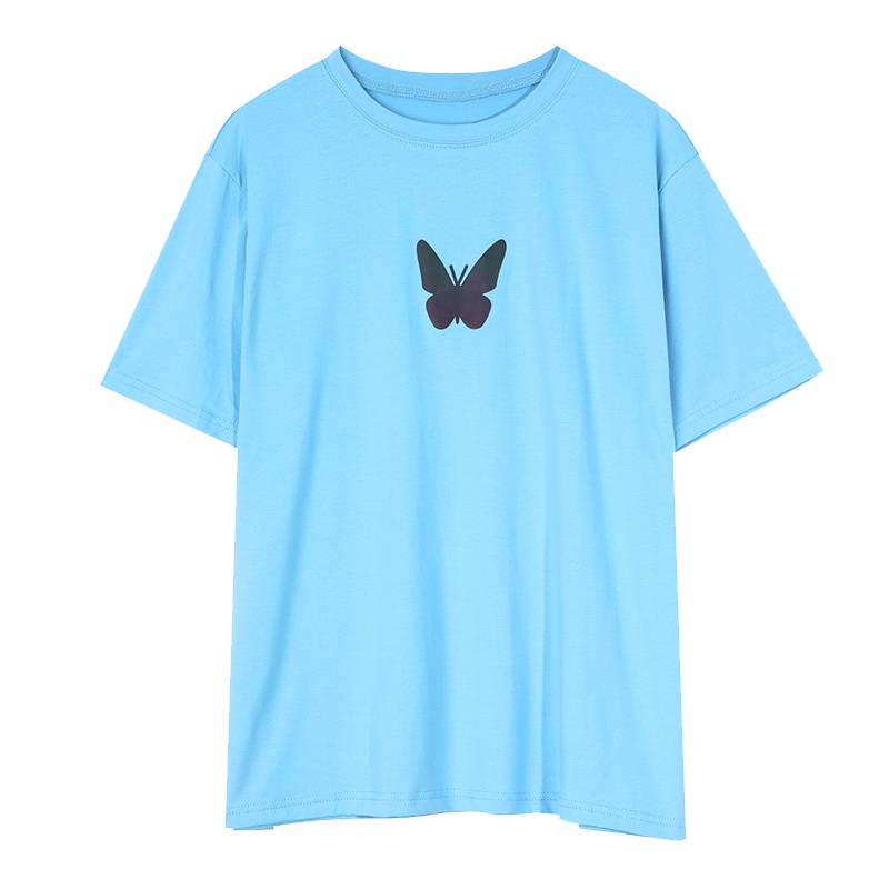 【新款】妖精的口袋蝴蝶印花短袖T恤女2020夏季黑色韩版短款上衣