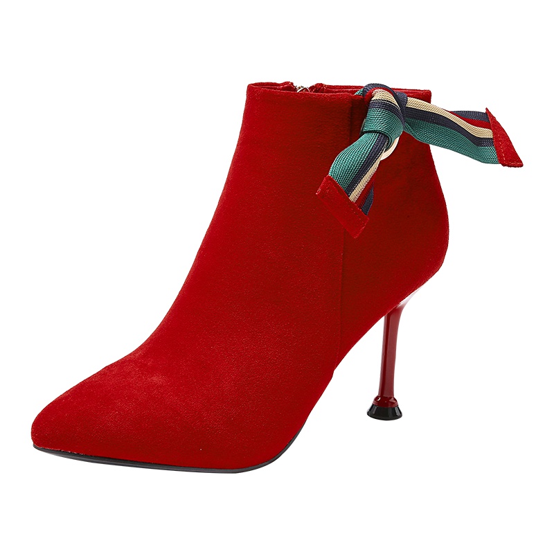 PLAYBOY/花花公子冬季加绒婚鞋休闲侧拉链尖头细跟通勤网红短靴女G13199254