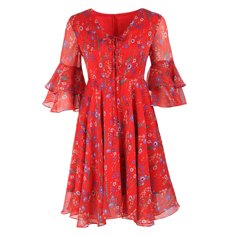 晚白 新款雪纺印花飘逸喇叭袖高腰A字修身连衣裙