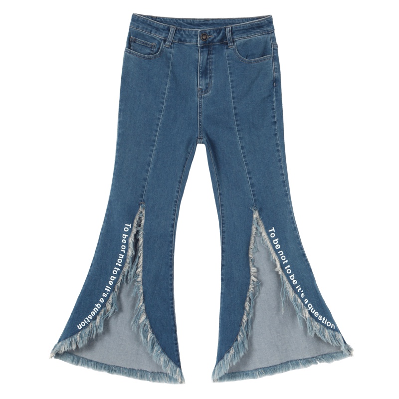 马克华菲女装2019秋新撕边开叉喇叭复古欧美字母牛仔长裤