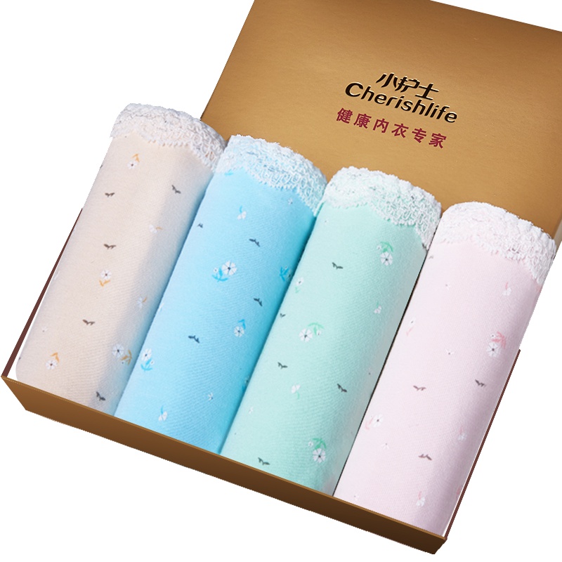 小护士女士内裤纯色棉质蕾丝印花平角裤4条混色礼盒装CMN002