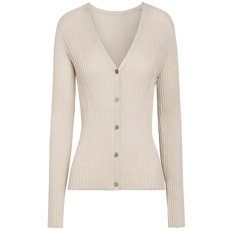 鄂尔多斯ERDOS【100%桑蚕丝】春夏V领抽条柔软舒适百搭开衫女士针织衫/ 毛衣