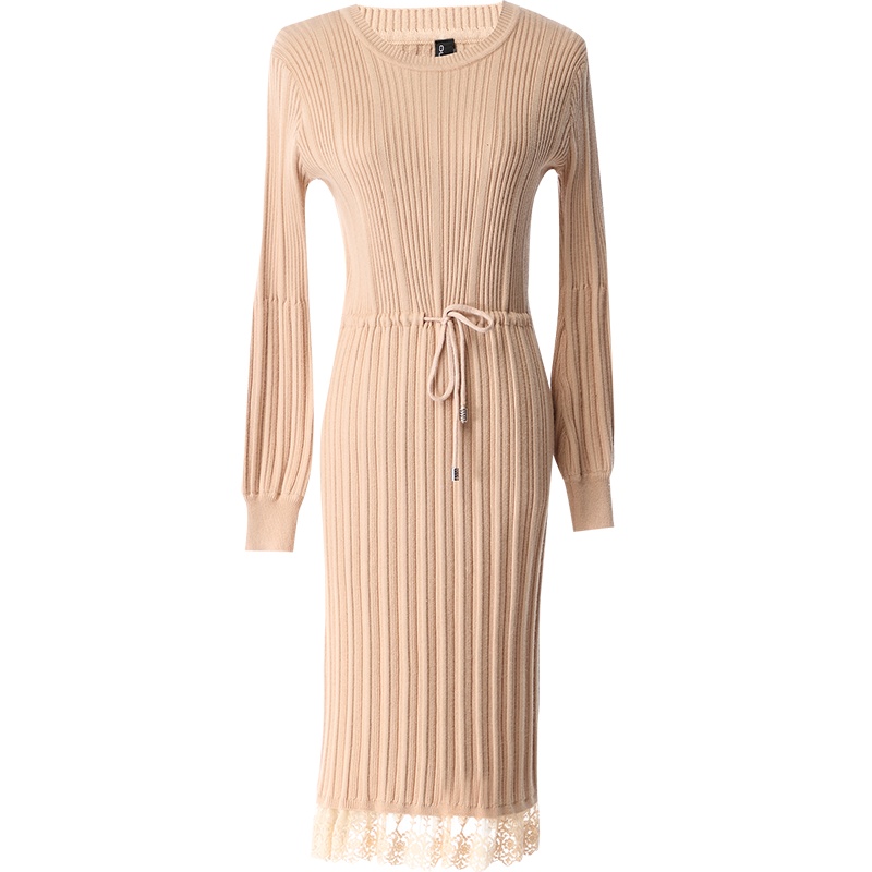 欧昵雪秋装圆领套头长袖收腰针织连衣裙女过膝花边毛衣裙