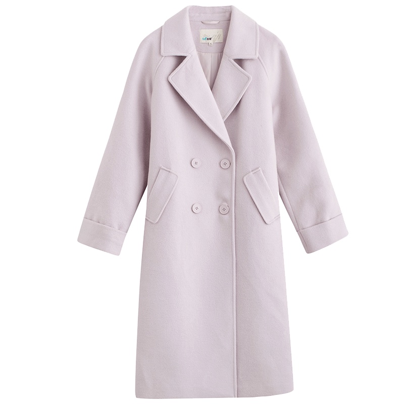 茵曼2018冬新款双排扣羊毛毛呢外套女长款收腰呢子大衣