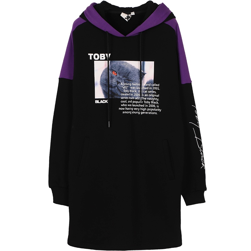 a02新款潮流撞色猫咪印花秋冬加厚卫衣连衣裙DTU6C0121DR