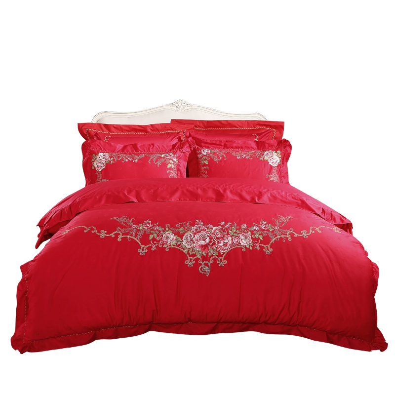 富安娜(FUANNA)家纺婚庆六件套大红婚庆四件套刺绣套件提花床品绣花贴布绣全棉纯棉床品纯棉床上用品被套床单