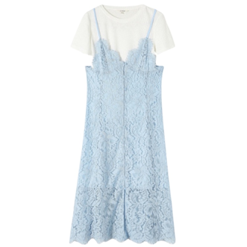 【专柜同款】拉夏贝尔旗下夏季短袖V领蕾丝吊带中长款A字仙女裙两件套连衣裙60007982