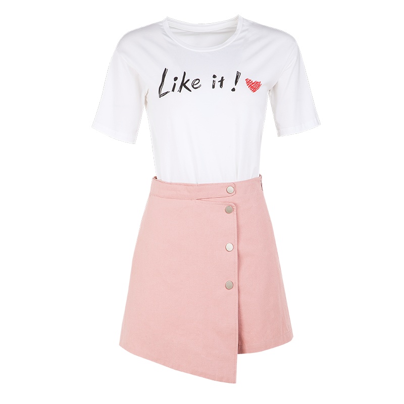 晩白 新品印花短袖T恤纯色不规则短裤裙裤休闲时尚套装