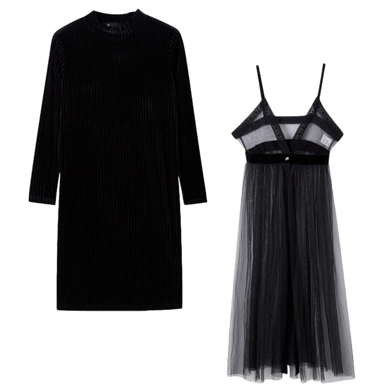 拉夏贝尔冬中长网纱裙子韩版气质高腰两件套女连衣裙时尚套装