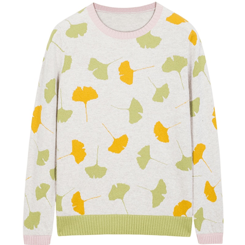 鄂尔多斯1980 秋冬圆领提花女枫叶图案羊绒针织衫