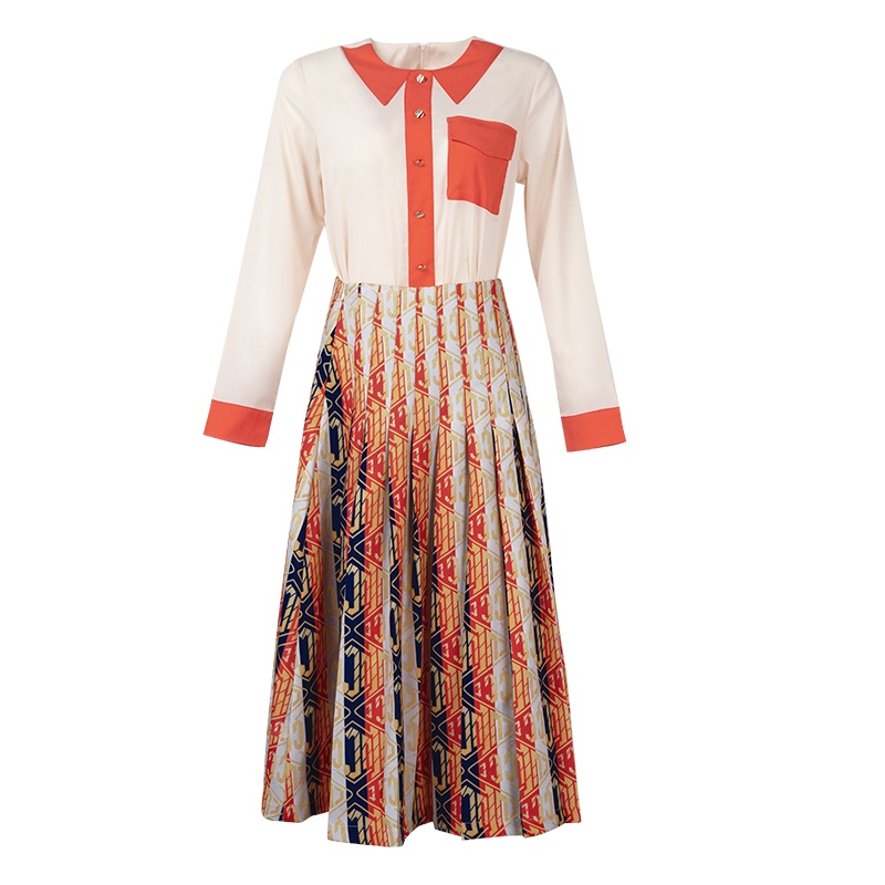 晚白2019秋新品淑女套装裙圆领衬衫上衣印花长裙半身裙时尚套装女