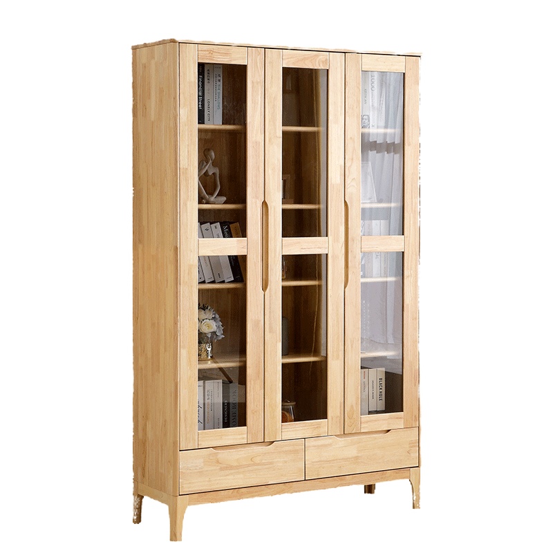 青木川 北欧简约现代全实木书柜书架落地带抽屉三门小户型1.2米客厅卧室家用带玻璃门展示柜中学生纯实木原木色日式置物架