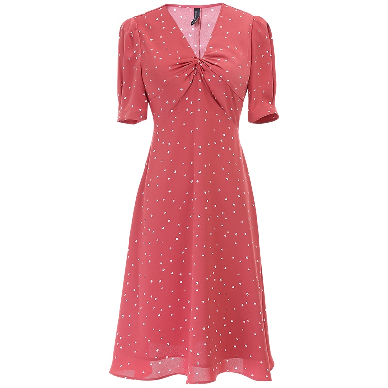 欧昵雪夏季复古赫本风v领印花波点连衣裙女收腰短袖中裙