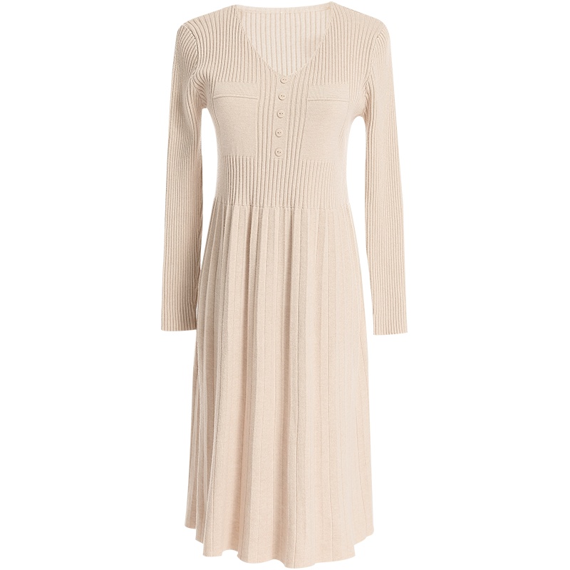 欧昵雪V领坑条纹针织连衣裙女长袖显瘦百褶裙子