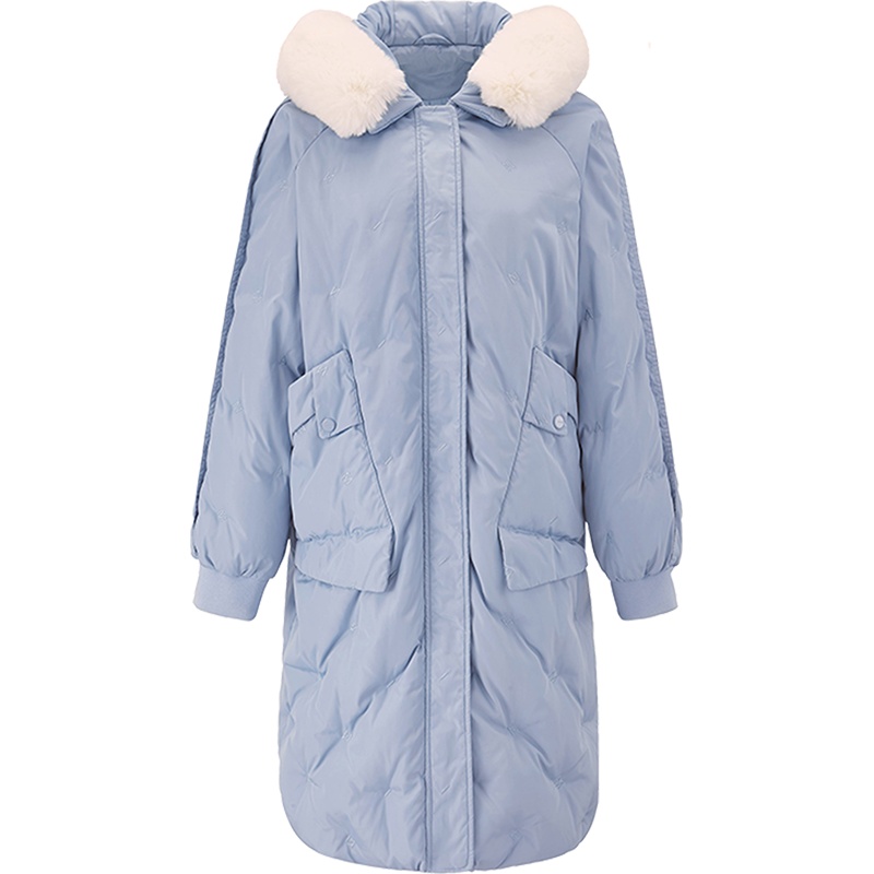 茵曼2018秋冬新款保暖时尚直筒菱格纹连帽毛领长款羽绒服外套女