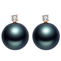 brir 佰色传情 正圆8-9mm大溪地黑珍珠耳钉耳环女18K金钻石正品女