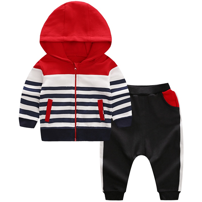 依尔婴婴童套装婴幼儿纯棉休闲条纹套装1-3岁男女宝宝秋装连帽外出服两件套装WCF393