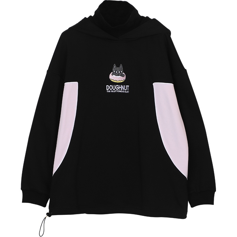 a02新款时尚小黑卡通印花抽绳宽松连帽卫衣女潮DTU6D0201KT