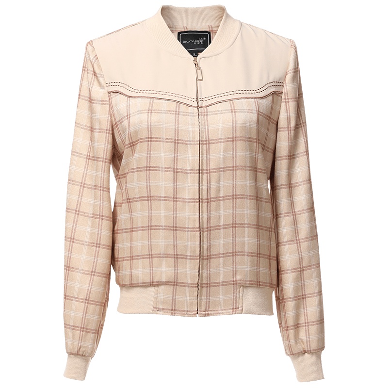 欧昵雪秋季罗纹V领米粒绣花格子棒球服女宽松短款外套