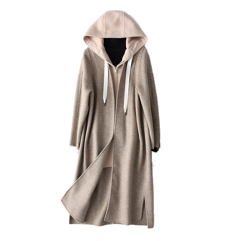 兰奥2019冬季新款女式简约长款连帽宽松版双面呢羊毛毛呢大衣