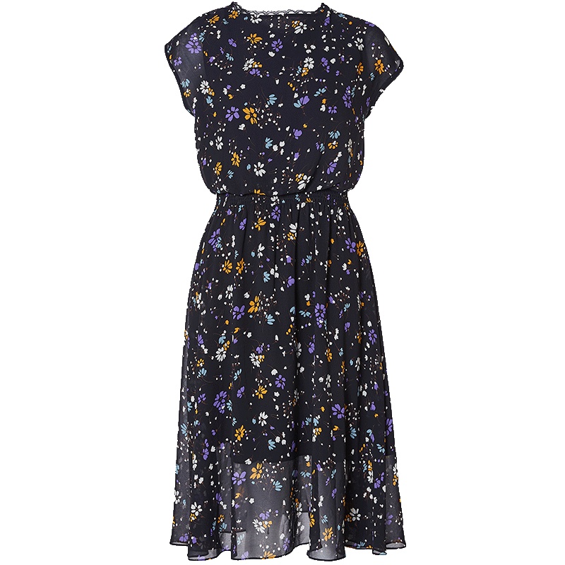 LIEDOW/蕾朵高腰碎花雪纺连衣裙女2019夏法国复古裙山本 过膝裙子