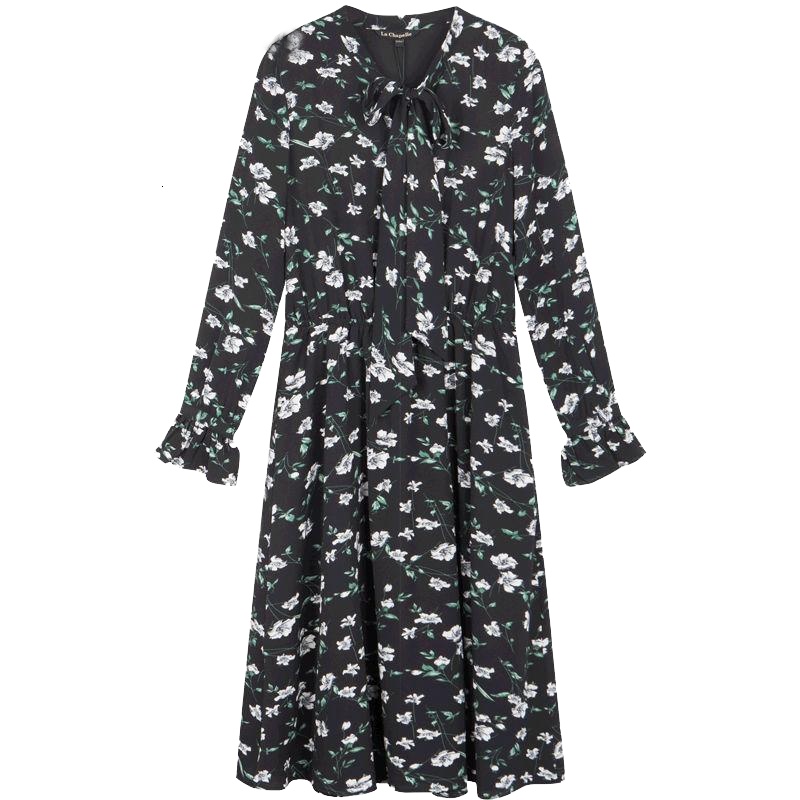 拉夏贝尔秋装新款韩版气质高腰显瘦中长裙碎花连衣裙女10013998