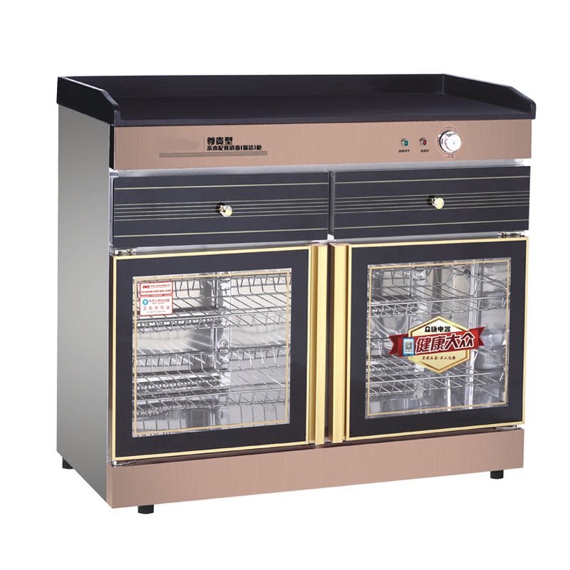 而派 400L带抽屉土豪金彩钢面板 火锅店消毒柜配带孔大理石调料台 臭氧红外线商用 餐饮包间消毒茶水柜 火锅料理店配餐柜