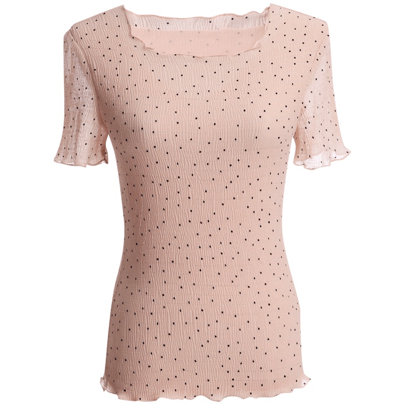 欧昵雪木耳边圆领喇叭袖修身波点雪纺衫上衣女短袖