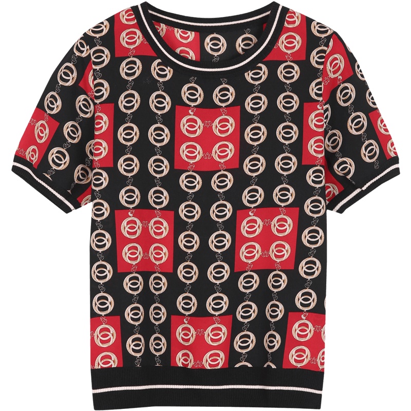 恒源祥撞色印花雪纺衫女中年妈妈装套头短袖T恤 春夏季拼接针织衫