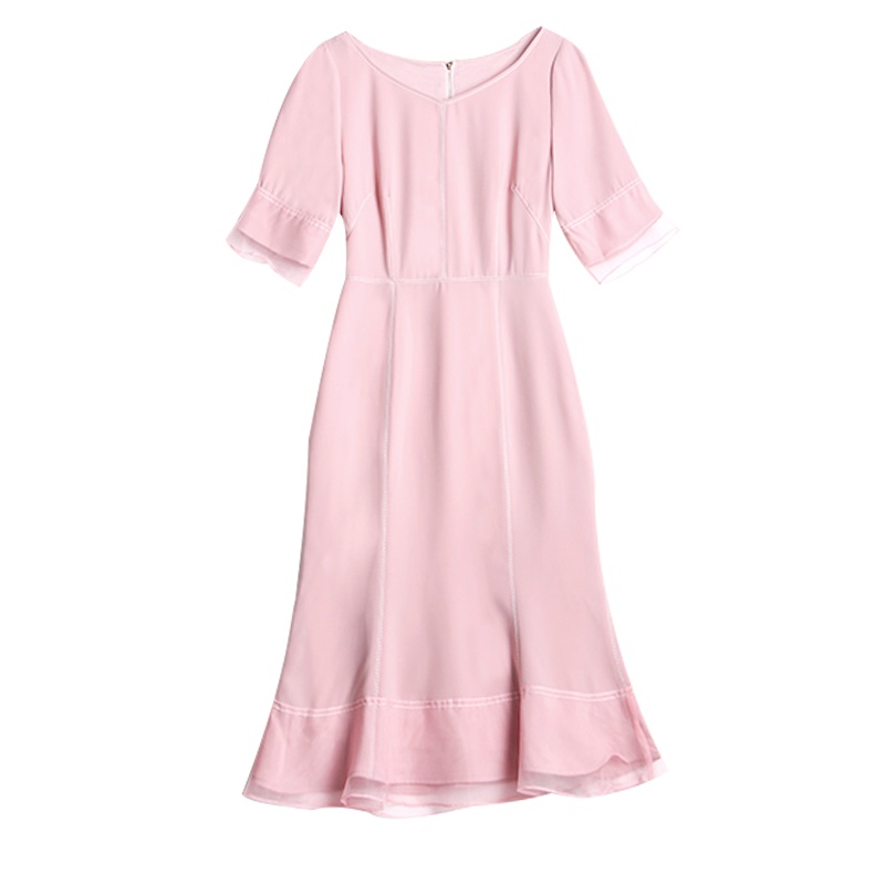 晩白 新品时尚气质V领喇叭袖收腰显瘦鱼尾裙雪纺连衣裙