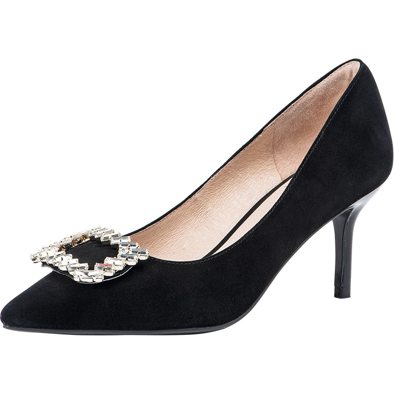 百田森商场同款婚鞋女新娘20春高跟鞋女细跟尖头方扣水钻宴会单鞋