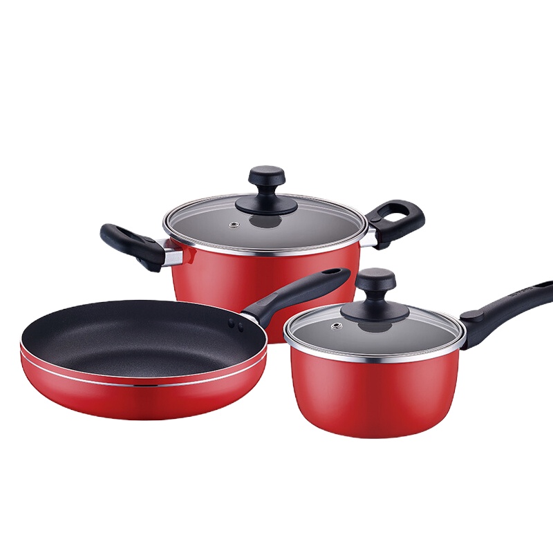 苏泊尔26cm煎锅+20cm烫锅+16cm奶锅 中国红组合套装