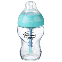 汤美星(Tommee Tippee)01092 新生儿感温防胀气玻璃奶瓶宽口径防呛奶仿母乳造型250ml（配慢流量奶嘴）