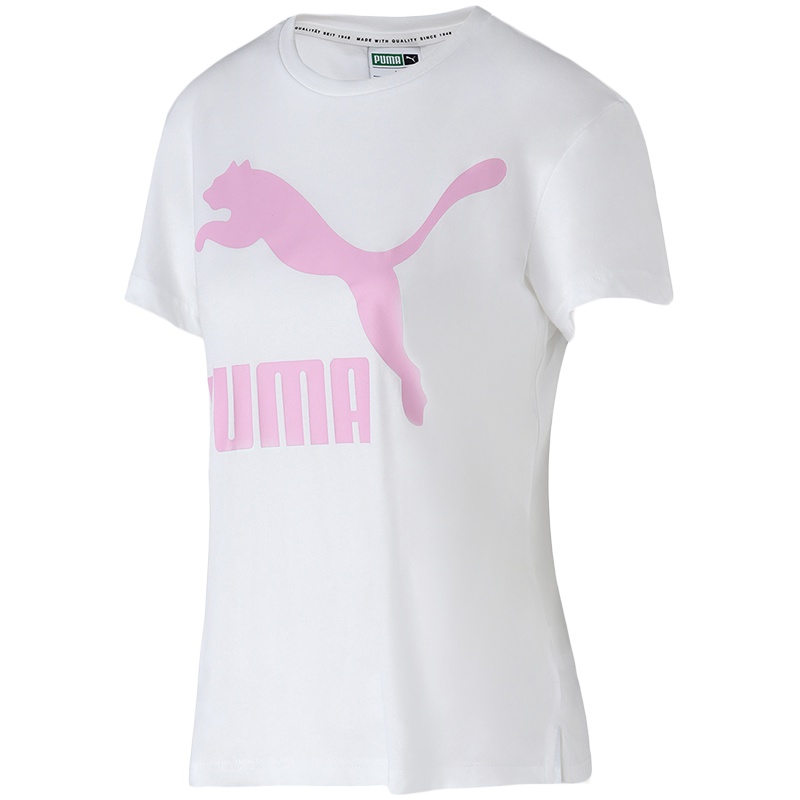 PUMA彪马女装跑步训练经典LOGO款圆领短袖T恤579406..... L 57940602彪马白+粉色