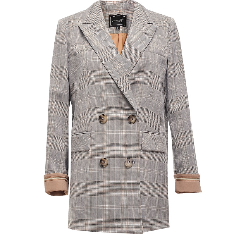 欧昵雪气质翻领格子西装外套女直筒中长款西服上衣