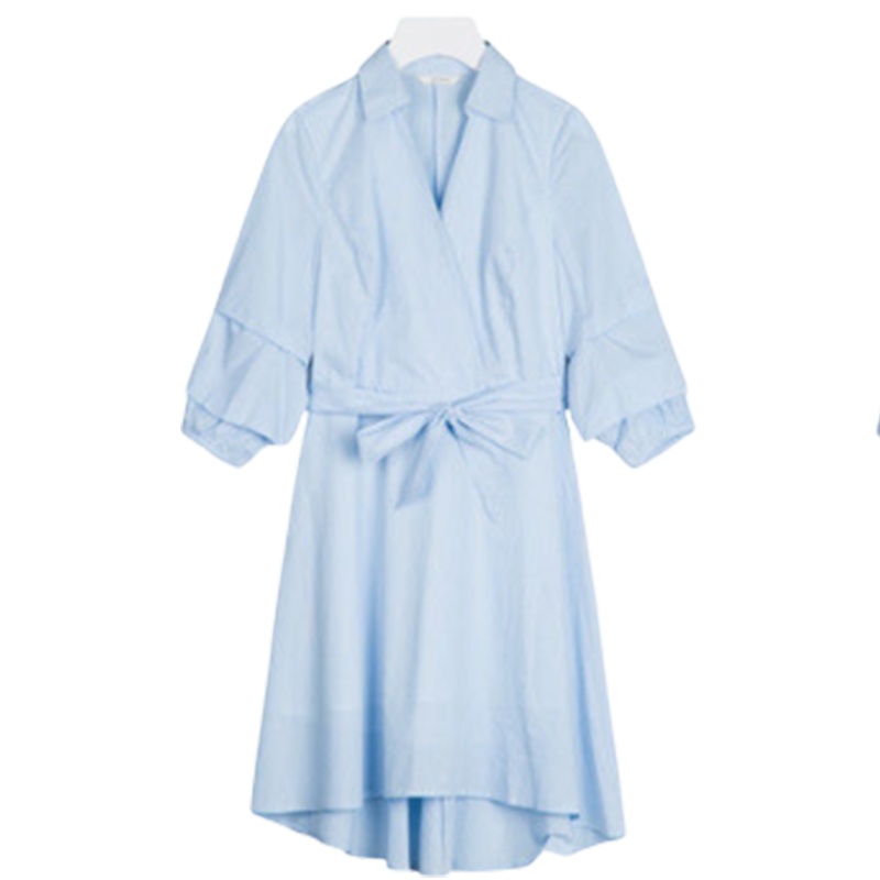 【专柜同款】拉夏贝尔拉贝缇秋季条纹V领七分袖中长款高腰衬衫连衣裙60007277