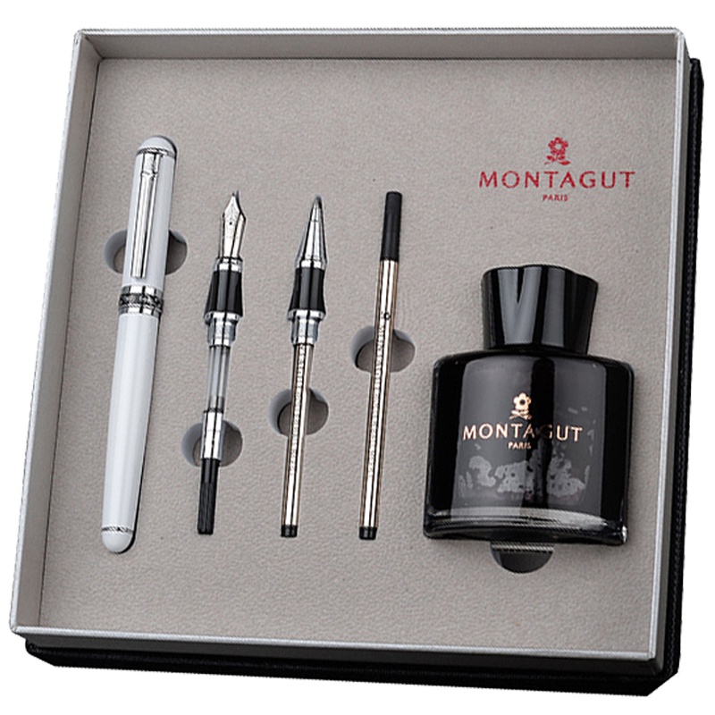 梦特娇(Montagut)白丽雅银夹钢笔+双笔尖+笔芯+墨水套装 签字笔 签名笔 墨水笔 白领钢笔礼盒装