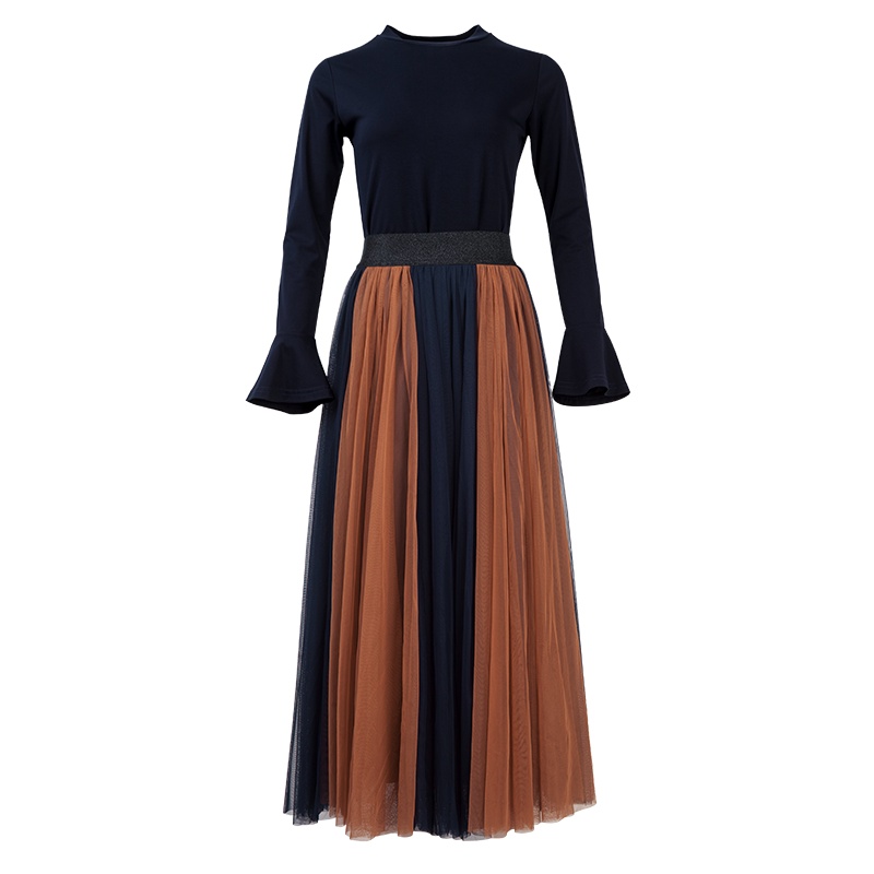 晚白 2020春季新品纯色喇叭袖打底衫松紧高腰百褶半身裙时尚套装女