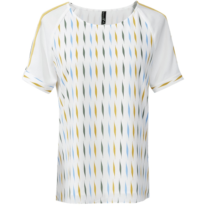 欧昵雪夏季杠条插肩袖圆领宽松T恤女短袖菱形印花上衣