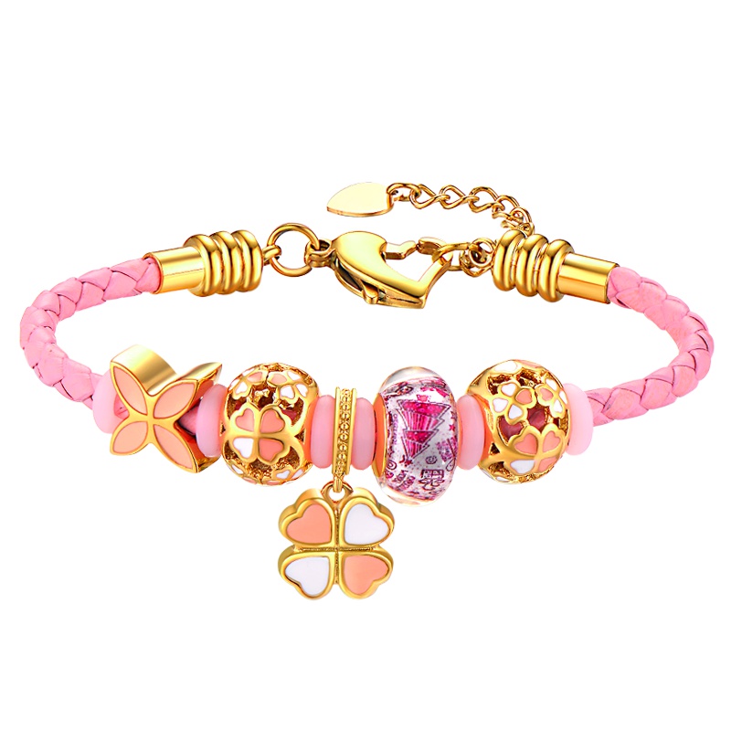 蒂蔻 时尚潮流幸运四叶草手链女士款甜美可爱粉红色皮绳手饰表白情人节生日礼物送女生