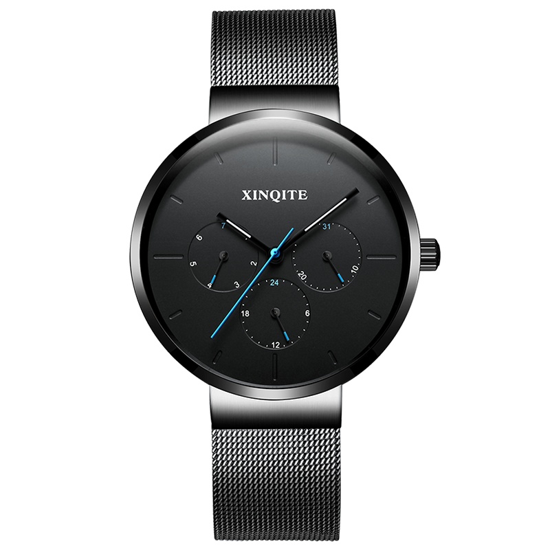 新奇特手表男款钢带商务多功能运动男士时尚休闲学生圆形星期加日历石英表中学生男表防水X-41