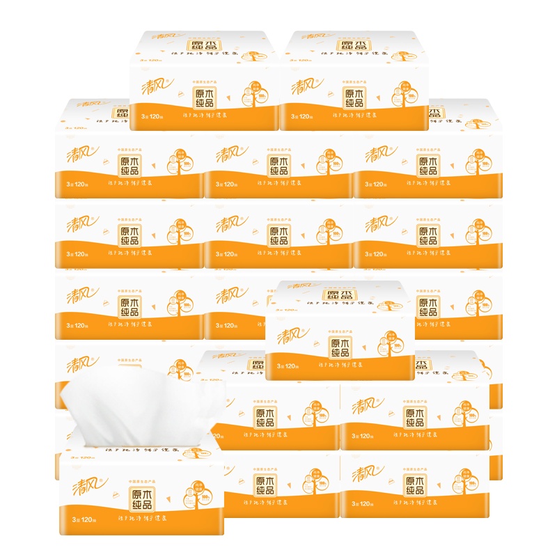 清风 抽纸 原木纯品系列 3层120抽24包 餐巾纸 面巾纸(新老包装交替发货)