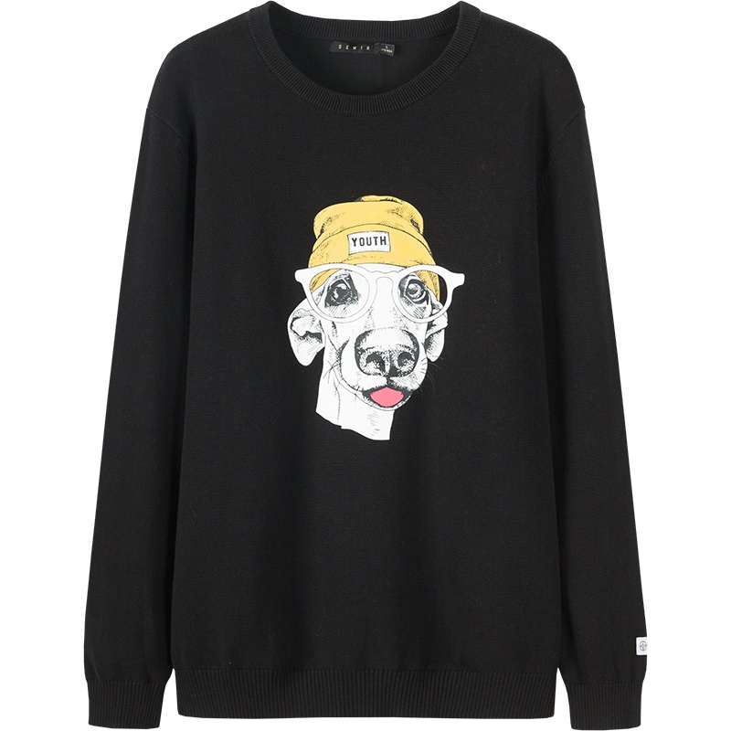 森马趣味卡通毛衣男秋季新款长袖上衣男士黑色毛衫青少年线衣