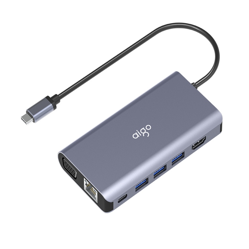 爱国者(aigo)Type-C扩展坞H9通用苹果Mac华为笔记本分线器手机USB-C转HDMI线转换器4K投屏VGA转接头