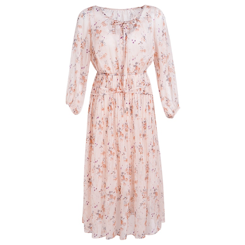 晩白 新品套装裙印花系带圆领收腰显瘦雪纺连衣裙两件套女