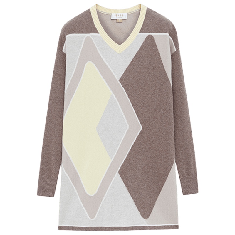 鄂尔多斯ERDOS 秋冬纯羊绒V领提花撞色几何图案休闲羊绒衫女士针织衫/毛衣