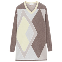 鄂尔多斯ERDOS 秋冬纯羊绒V领提花撞色几何图案休闲羊绒衫女士针织衫/毛衣