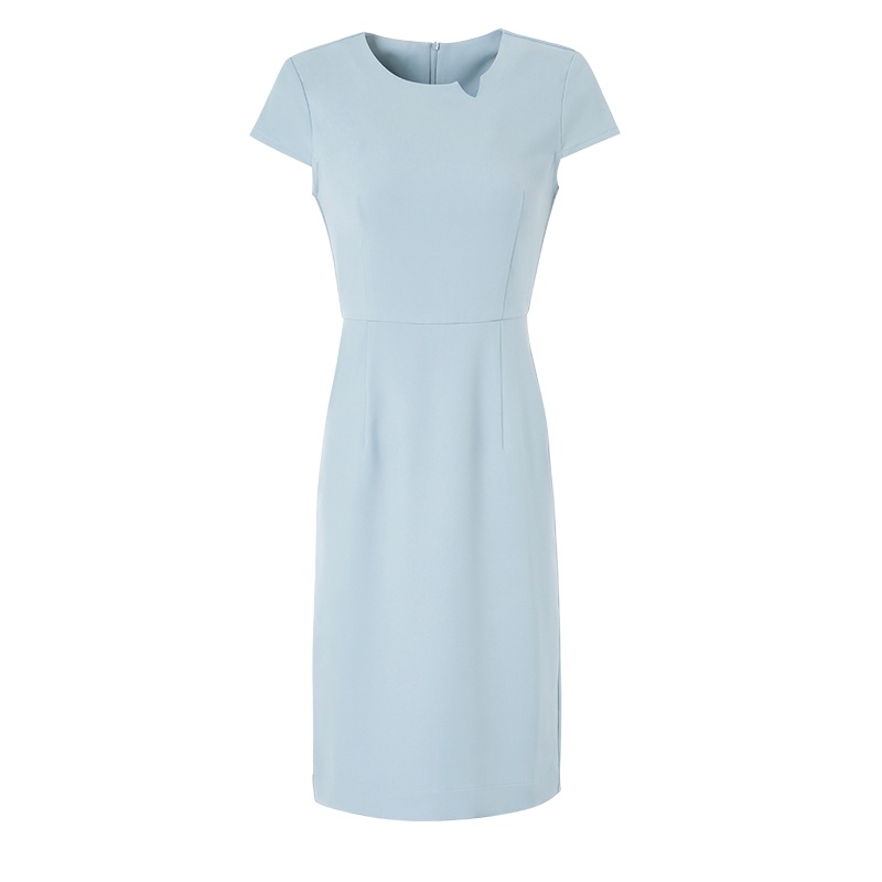 晚白2020夏季新品时尚通勤纯色圆领收腰中长款包臀裙短袖连衣裙女